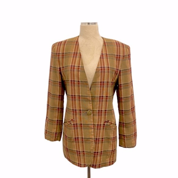 Plaid Linen Blazer By Prolog Vintage - Picture 4 of 8